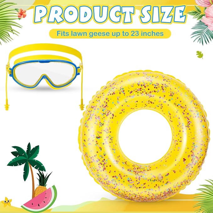 Aliceset 2 Pcs Summer Porch Goose Outfits Hawaiian Pool Goose Cloth Costume Swimsuit with Swim Ring Sunglasses, Fits 23'' Lawn Statue for Patio Yard Garden Outdoor Decor(Glitter Style)