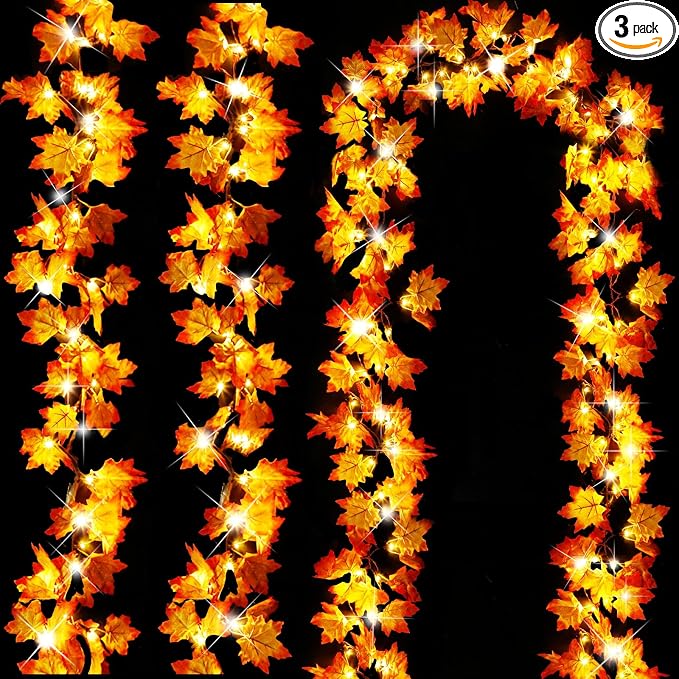 Timer&3 Pack Fall Decor 30Ft Fall Garland with Lights 60LED Autumn Garland | Patented Realistic Maple Leaves Garland Fall Decorations for Home, Battery Operated Waterproof Thanksgiving Halloween Decor