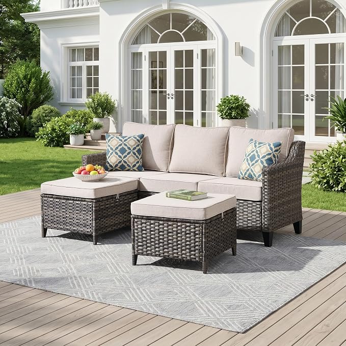 Outdoor Furniture Set of 3, Patio Furniture Set with 3-seat Sofa, and 2 Ottomans, High Back&Deep Seat for Garden Deck Porch Balcony Backyard - Beige