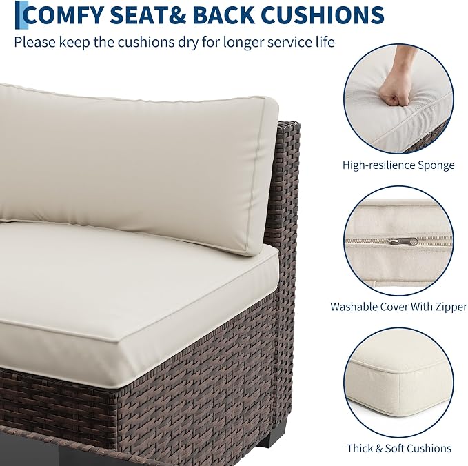 GarveeHome 7-Piece Modular Outdoor Patio Set, Sectional Rattan Wicker Sofa with Water-Resistant & Washable Thick Beige Cushions, Includes Coffee Table, Brown Frame for Garden, Deck, Poolside