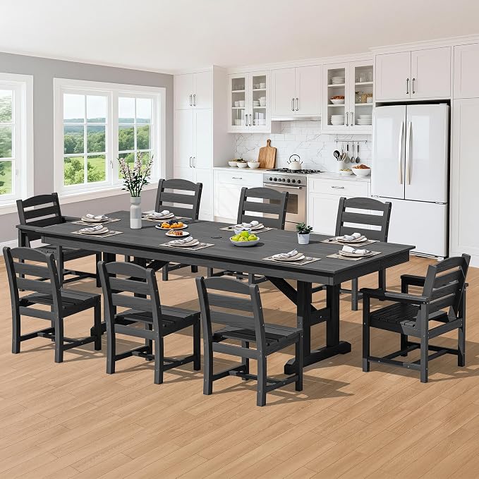 SERWALL 9 Piece Outdoor Dining Set, 84" HDPE Outdoor Table with 6 Armless Chairs and 2 Armchairs ，All Weather Patio Dining Furniture Set with Umbrella Hole for Backyard, Garden, Black