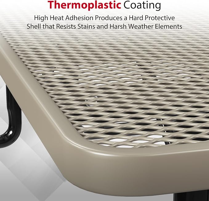 Leisure Craft Metal Picnic Table with Bench - 8 ft Rectangle Outdoor Dining Table for 8, Umbrella Hole, Weatherproof Heavy Duty Thermoplastic Coating, Commercial Grade Furniture Made in USA - Beige