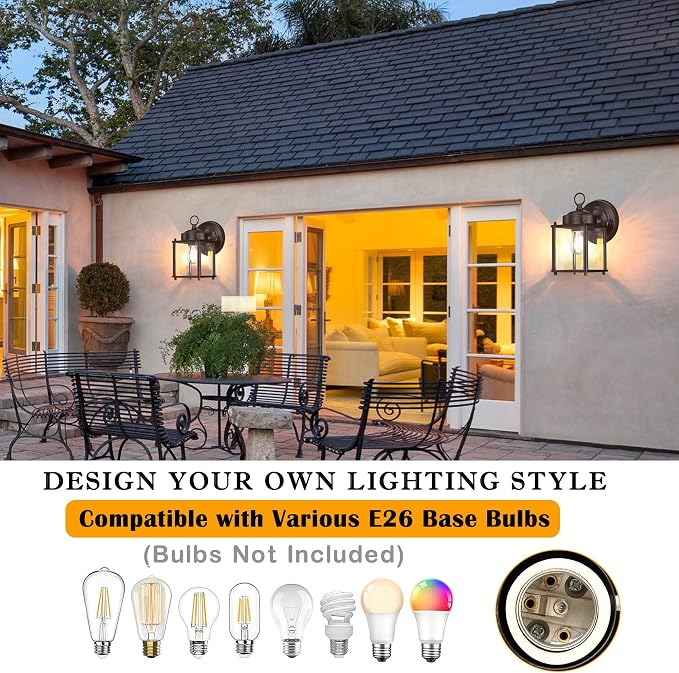 Outdoor Wall Light, Porch Lamp, Rustproof Waterproof,Bronze | Exterior Wall Sconce Fixture for House, Garage, Patio, Metal Housing with Glass, E26 Base, 2 Pack