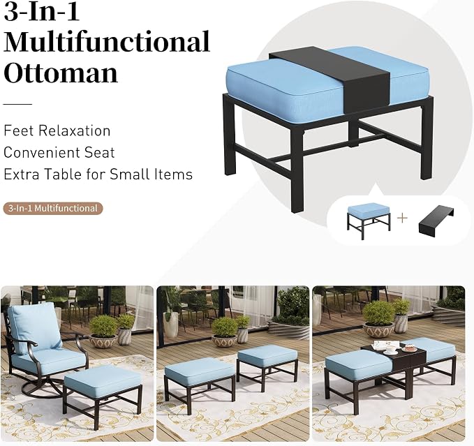 SUNSHINE VALLEY 6 Pieces Metal Patio Furniture Set with Firepit Table, Patio Conversation Set with 5.75" Thick Cushion, Outdoor Furniture 3-Seater Sofa, 2 Rocking Chair & 2 Ottoman for Backyard, Blue