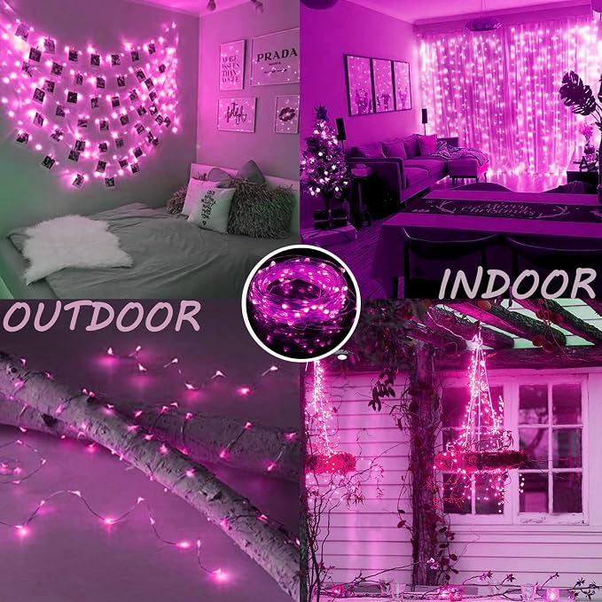 66FT 200 LED Fairy Lights Plug in, 8 Modes Twinkle Lights Pink | Waterproof String Lights Outdoor Indoor, Memory, Timer, Copper Wire, Christmas Lights for Bedroom Party Valentine's Day Decor