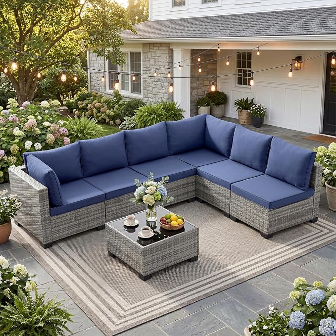 ANJ 7 Piece Outdoor Wicker Patio Furniture Set, Modular Loveseat Sofa with with Glass Top Coffee Table, All-Weather Rattan Conversation Couch Set for Balcony, Backyard, Light Grey Wicker-Blue