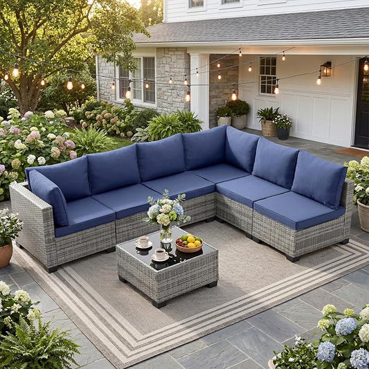 ANJ 7 Piece Outdoor Wicker Patio Furniture Set, Modular Loveseat Sofa with with Glass Top Coffee Table, All-Weather Rattan Conversation Couch Set for Balcony, Backyard, Light Grey Wicker-Blue