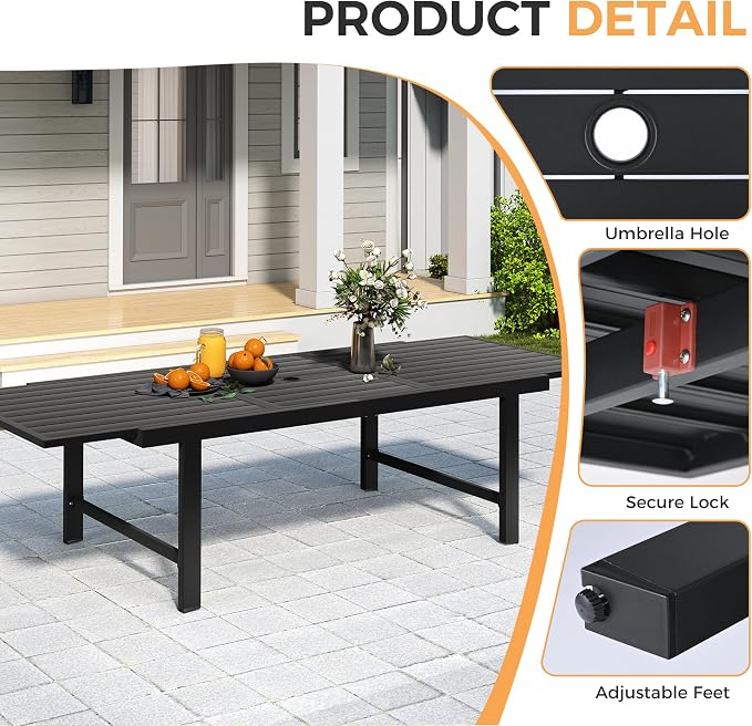 HAPPATIO Outdoor Expandable Dining Table, Aluminum Patio Dining Table for 4-8 Person, Powder-Coated Rectangular Table with Umbrella Hole, Perfect for Backyard, Porch, Deck