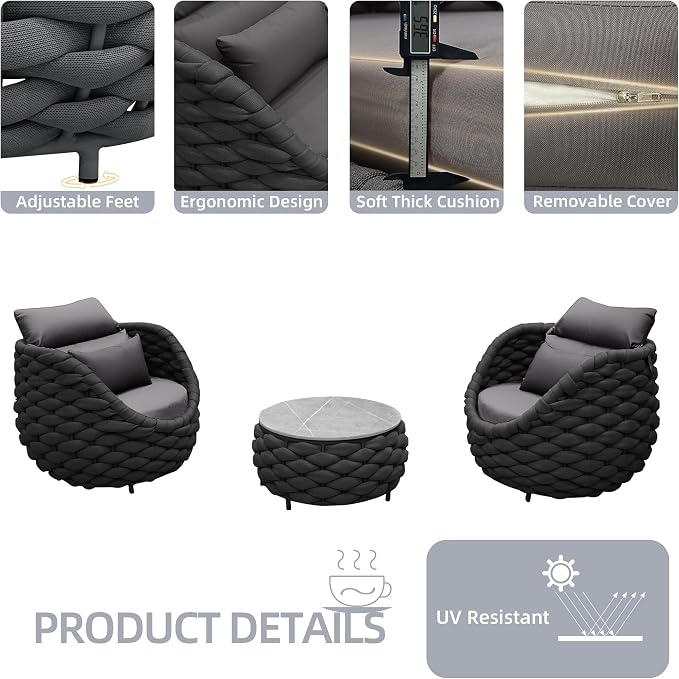 TWT 3 Piece Patio Furniture Set, Gray Woven Rope Conversation Set with Washable Cushions (Polyester Dark Grey Rope w/Dark Grey Cushion, 5pcs 4 Armchair+Table)