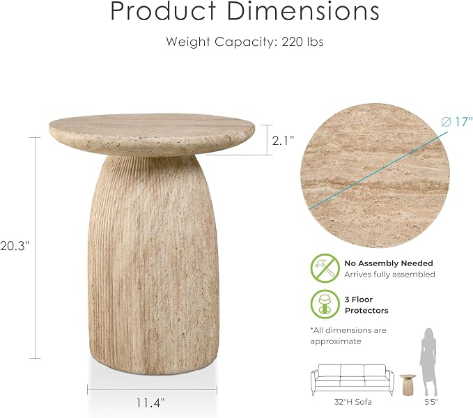 24/7 Shop at Home Ranera Modern 17-inch Natural Stone Side Table with Round Pedestal Base, Marble Nightstand, Fluted Patio End Table, for Living Room, Covered Outdoor Spaces, Light Brown Travertine