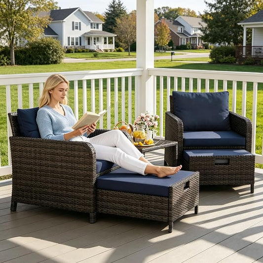 5 Piece PE Wicker Patio Furniture Set, Outdoor Conversation Chairs with Pull Out Hidden Ottoman, Soft Cushions & Glass Coffee Table, Wicker Bistro Set for Porch, Garden, Balcony, Poolside (Blue)