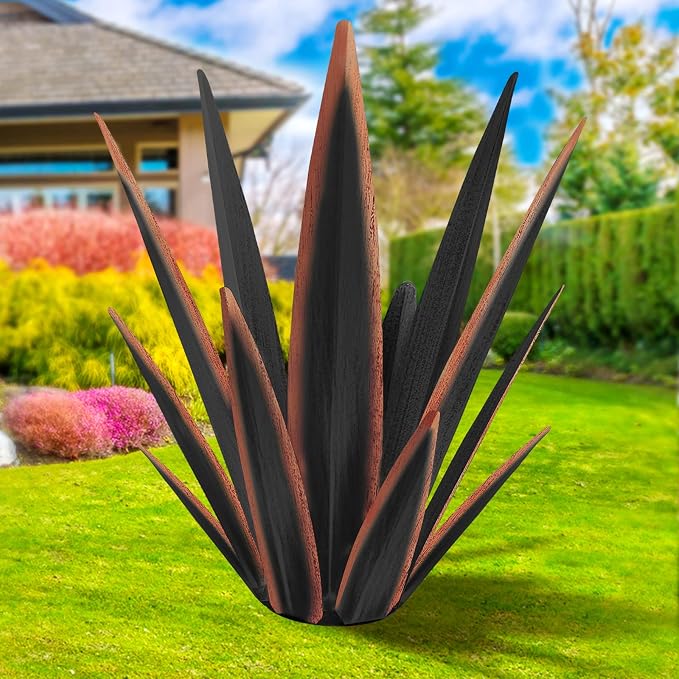 KODIBO 24" Metal Agave Plant Outdoor Decor, Large Garden Sculpture, Black | Outdoor-Resistant, Hand-Painted Metal Plant, Tequila Rustic Sculpture, Desert Steel Yard Art, Mexican Style Garden Decor
