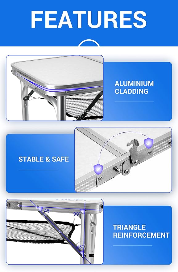 Nice C Card Table, Folding Picnic Table, Small Table, Adjustable Height Folding Table, Camping, Outdoor, Portable Lightweight Aluminum, with Carry Handle for Beach, Indoor, Office (Medium)