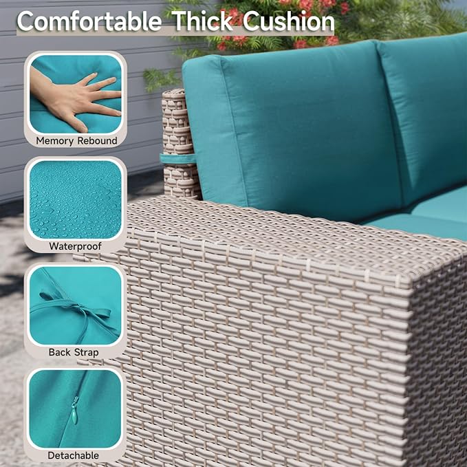 12-Piece Outdoor Patio Furniture Set, Modular Sectional Sofa Set with Glass Coffee Table and Cushions, Wicker Outdoor Couch Conversation Sets, Turquoise