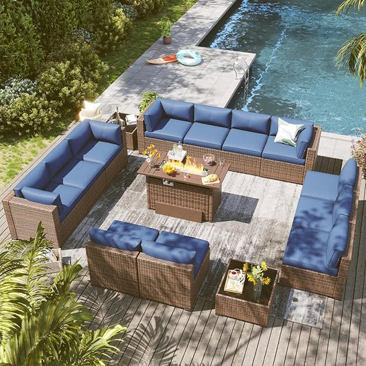 LazySunsets 15 Piece Outdoor Patio Furniture Set with 44'' Fire Pit Table, Outdoor Patio Furniture Set with 4'' Thicken Cushion, Wicker Rattan Outdoor Conversation Set for Backyard & Garden, Blue