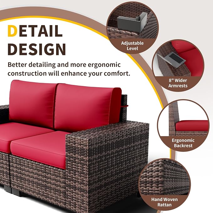 Outdoor Patio Furniture Set, 8‘’ Wide armrest Outdoor Sectional Rattan Sofa Set, Wicker Patio Furniture Sets w/Coffee Table,Thick Cushions and Cover for Porch, Balcony,Deck,8 PCS (Brown&Wine)