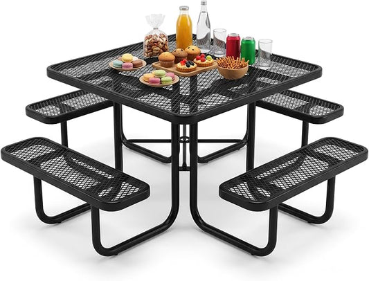 46'' Heavy Duty Outdoor Picnic Table - Commercial Grade Square Steel Picnic Table Set, Umbrella Hole, Rust-Resistant Metal Mesh Tabletop for Patio, Garden, Park, BBQ - Black