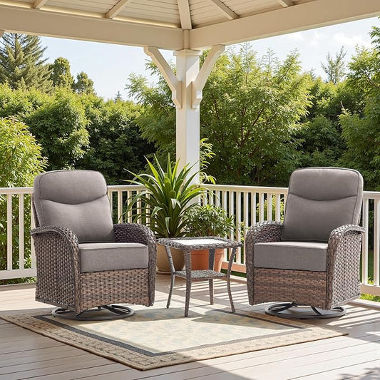 Luxury 6-Inch Cushion Outdoor Swivel Rocker Patio Chairs with Side Table, High Back Wicker Patio Furniture Set for Deck Porch Garden Balcony and Poolside Gray Cushion