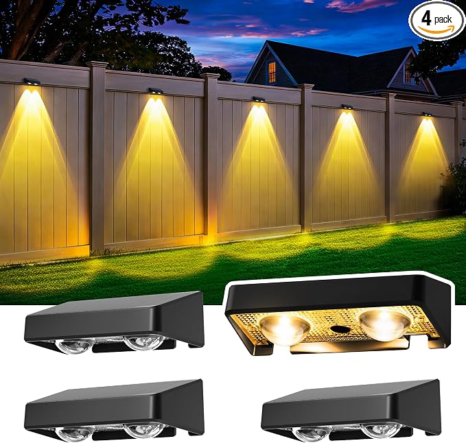 Solar Fence Lights Outdoor, Color Changing, Waterproof IP65, 4 Pack | 11 Modes, 9 Colors 50 LM Solar Lights Waterproof with LED Focus Lens for Wall Backyard Deck Patio Porch Step Pool Decor