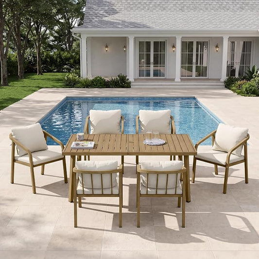 Outdoor Dining Set,7-Piece Patio Dining Table Set for 6 with Rectangular Table & 6 Thick Cushion Sofa Chair, Aluminum All-Weather Patio Furniture Set for Backyard, Garden and Poolside (Brown)