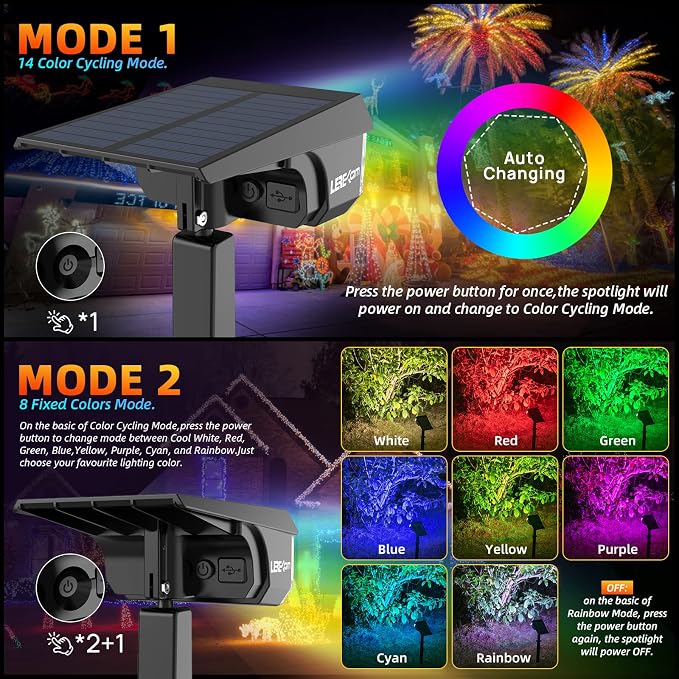 LEREKAM Color Solar Light Outdoor Waterproof Spotlights with 9 Light Modes, Color Changing Solar Outdoor Light for Halloween Decorations, Colored Spot Lights Auto On,Off, RGBW