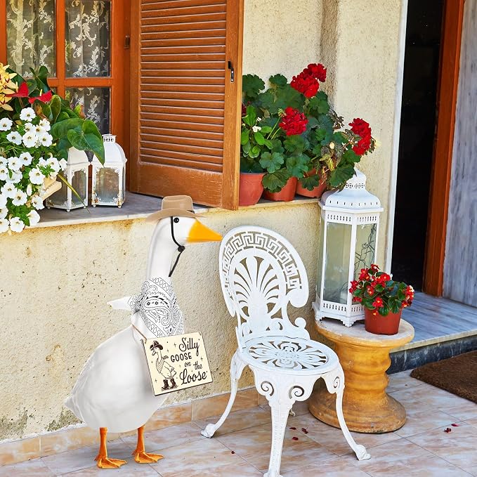 Funny Porch Goose Outfit Decoration Set Silly Goose on The Loose Hangings Sign Cowboy with Outfit Cowboy Hat Bandana for 23" Cement/Plastic Outdoor Statue Patio Yard Lawn Art(White,Khaki)