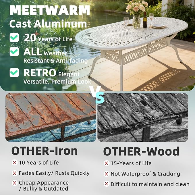 MEETWARM Outdoor 84" Oval Patio Dining Table, All Weather Cast Aluminum Large Patio Furniture Table Fits for 6-8 Person with 2" Umbrella Hole, White