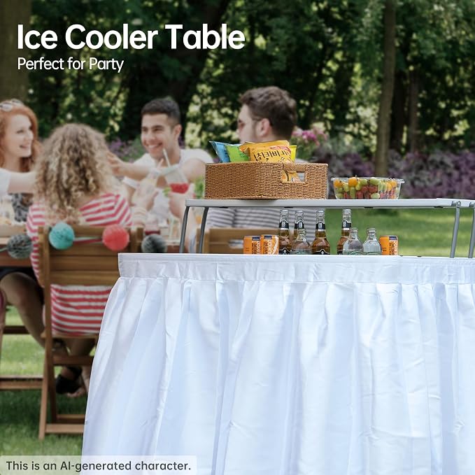 Outdoor Ice Cooler Folding Table, Portable Cooler Table with Removable Matching Skirt, Folding Ice Chest Table with Place Holder White