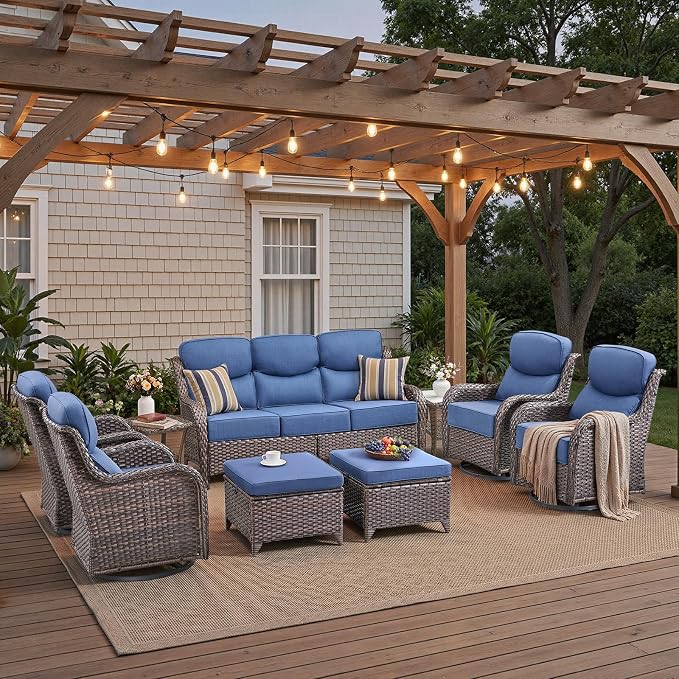 Luxury High Back Patio Furniture Set with 6-Inch Thick Cushions, 9-Pieces Outdoor Furniture with Swivel Chairs, Wicker Conversation Set for Porch, Balcony, Deck and Yard, Brown/Blue