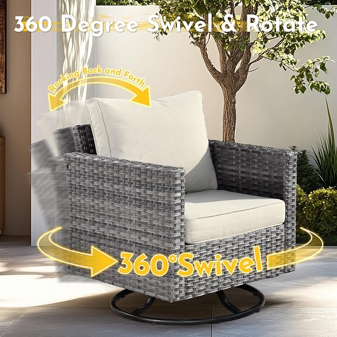 Weaxty 11 Piece Patio Furniture Set with Fire Pit Table, Outdoor Sectional Couch Swivel Rocker Patio Chairs with Coffee Table Wicker Conversation Sets for Balcony Backyard, Beige