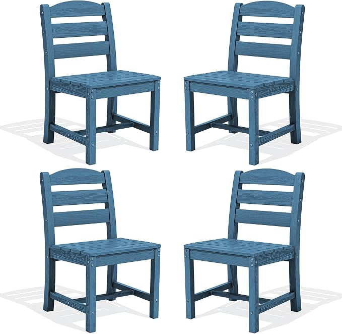 SERWALL Outdoor Armless Dining Chairs Set of 4, All-Weather HDPE Patio Dining Chairs with 19.7" Widened Seat and Curved Backrest for Backyard, Garden, Blue