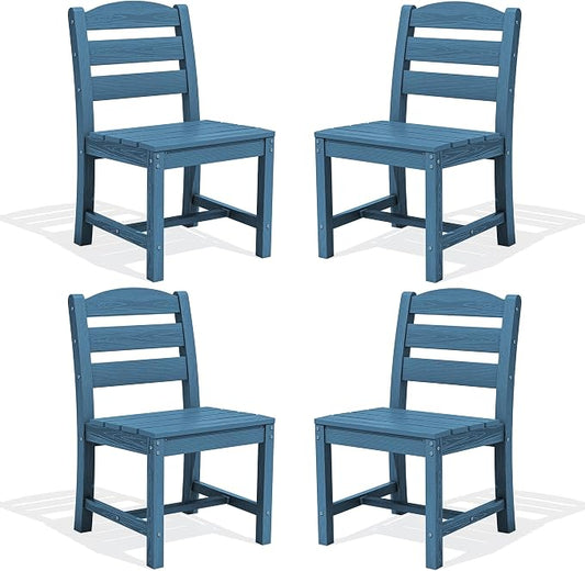 SERWALL Outdoor Armless Dining Chairs Set of 4, All-Weather HDPE Patio Dining Chairs with 19.7" Widened Seat and Curved Backrest for Backyard, Garden, Blue