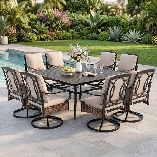 PHI VILLA 9 Piece Outdoor Dining Sets, 57.5" All-Weather Patio Table and Chairs Set for 8, Heavy Duty Patio Table Set Square for Deck, 8 Extra Large Outdoor Swivel Chairs with Thick Cushions