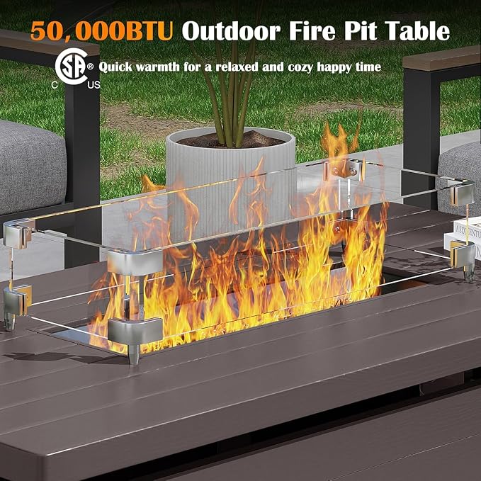 Sundale Outdoor Wicker Patio Furniture Set with Fire Pit, 5 Piece All Weather Outdoor Furniture Set with Swivel Chairs & Couch, High Back Patio Conversation Sets with 6" Cushions for Yard, Deck (Grey)