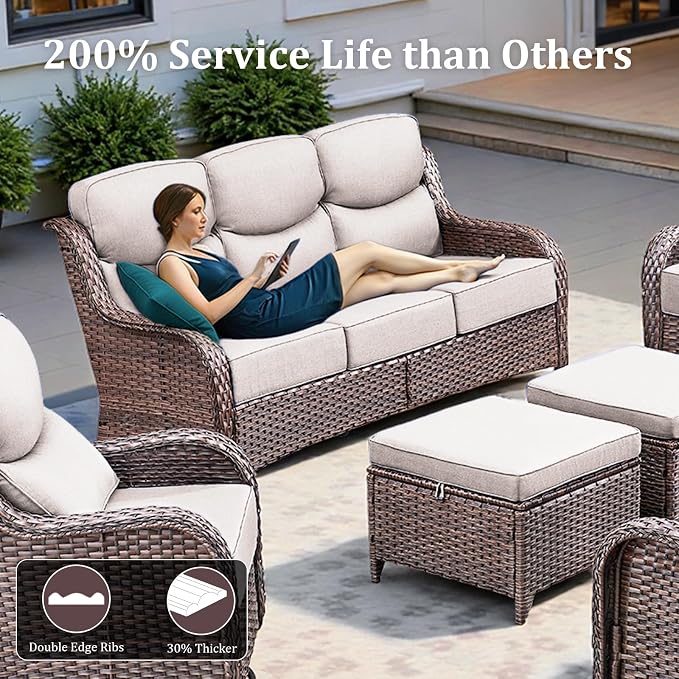 Luxury High Back Patio Furniture Set with 6-Inch Thick Cushions, 5-Pieces Outdoor Furniture with Swivel Chairs, Wicker Conversation Set for Porch, Balcony, Deck and Yard, Brown/Beige