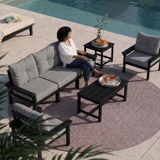 HDPE Outdoor Patio Furniture Set, 7-Piece Patio Conversation Sets with Coffee Table & Side Table & Grey Washable Thick Cushions, Outdoor Sofa for Balcony, Porch(Black Frame)