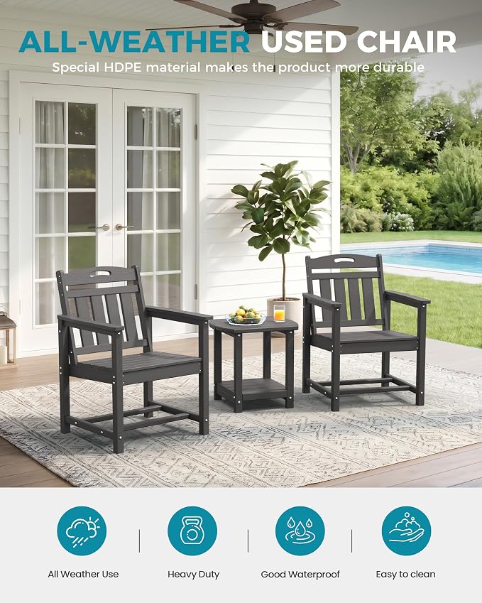 Ciokea HDPE Outdoor Patio Dining Chairs Set of 2, All-Weather Porch Chair with Wide Seat, Durable Outdoor Furniture for Backyard, Garden, Lawn & Poolside, Grey