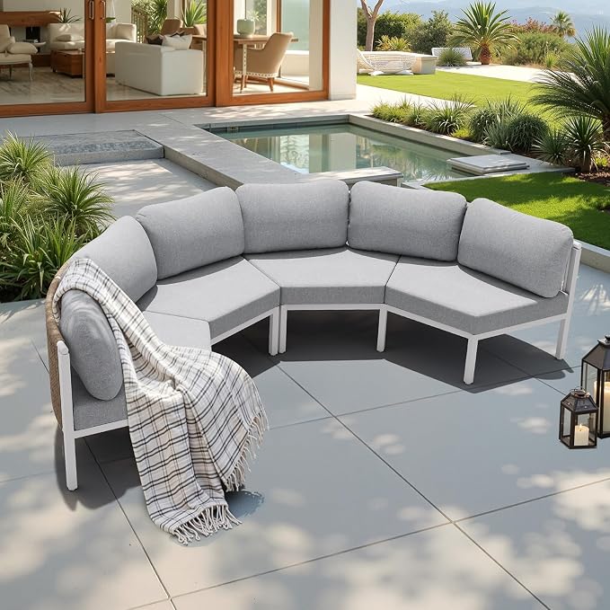 Crestlive Products Curved Patio Furniture Set, Modular Half Moon 4-Seater Sofa, Aluminum Outdoor Sectional with 5-Inch Water-Resistant Cushions, All Weather Couch for Backyard, Porch, Light Grey