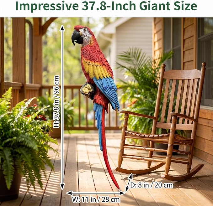 37.8" Hanging Scarlet Macaw Parrot Statue | Outdoor Resin Bird Decor, Weatherproof Solid Resin with Vibrant Hand-Painted Feathers