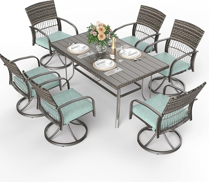 Pamapic 7-Piece Outdoor Dining Set with Swivel Rocker Chairs, Wicker Patio Furniture for 6, Poolside Garden Deck with Iron Table & Removable Cushions (Green)