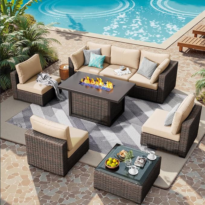 8 Piece Patio Furniture Set with Fire Pit Table All Weather PE Rattan Outdoor Sectional Sofa Couch with No-Slip Cushions and Glass Top Table for Garden, Poolside, Backyard (Beige)