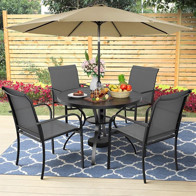 5-Piece Patio Dining Set with Umbrella,4 Person Outdoor Table and Chairs Set, 4 Metal Dining Chairs and Round Outdoor Table with 1.57" Umbrella Hole,Grey