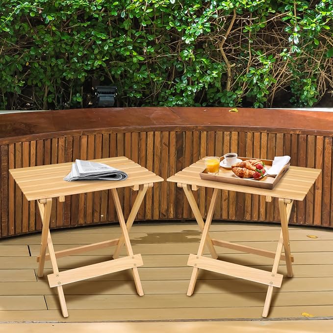 Casual Home Small Folding Side Table (2-Piece Set), 100% Solid Wood, Portable Patio Outdoor Small Table, Plant Stand, No Assembly