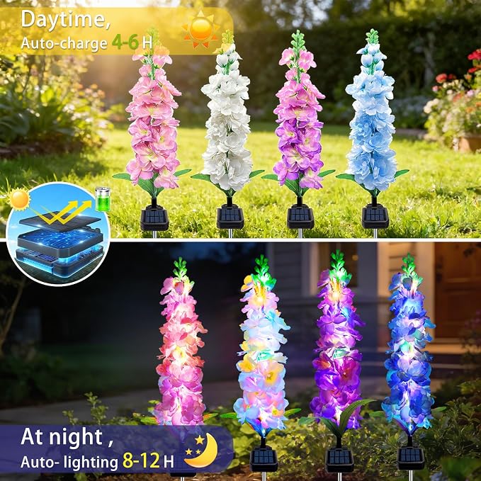 MRHEPHAESTUS Solar Garden Lights, 6 Pack 20 LEDs Solar Delphinium Flowers Lights Gifts for Mom Grandma Women, Waterproof Solar Outdoor Lights Two Lighting Modes for Wedding Garden Yard Patio Decor