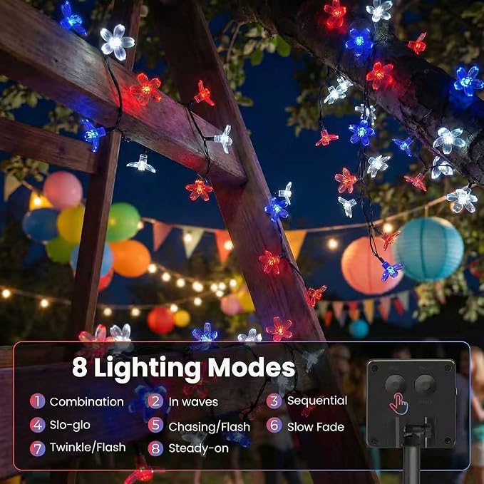 ITICdecor 50 LED Solar Flower String Lights Outdoor Waterproof 4th of July Fairy Light Decorations for Garden, Fence, Patio, Yard &Party Decoration (Red White&Blue)