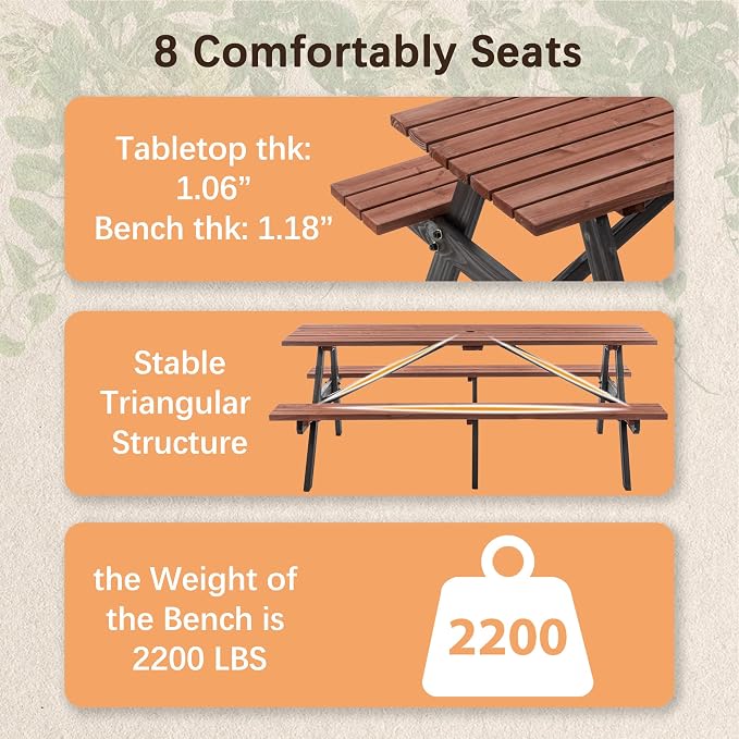 Brown 75" Rectangular Picnic Table for Outdoors,8 Person Wooden Picnic Tables,Outdoor Camping Dining Tables with 2 Seats DIY with 2 Built-in Benches for Garden Courtyard BBQ,2220lb Capacity