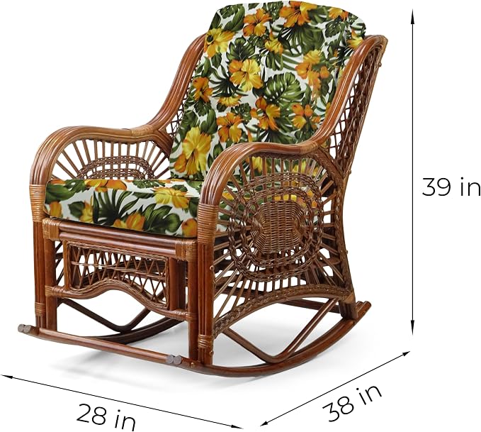 Malibu Handmade Natural Rattan Living Room Set of 2 Rocking Lounge Chairs and Round Coffee Table with Glass, Colonial Color with Floral Cushions