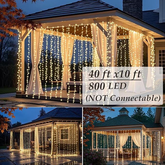 Solhice LED Curtain Lights Outdoor 40ft x10ft, 800 LED Plug in Hanging String Lights Indoor, Twinkle Lights Backdrop for Outside Backyard Patio Wedding Décor, Warm White (Not Connectable)