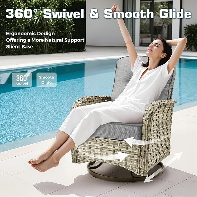 9 PCS Outdoor Patio Furniture Set with Fire Pit Table and Swivel Rocking Chairs,All Weather Wicker Rattan Patio Seating Sofa and Chair Set with Ottomans,Outdoor Conversation for Porch Deck Yard,Grey