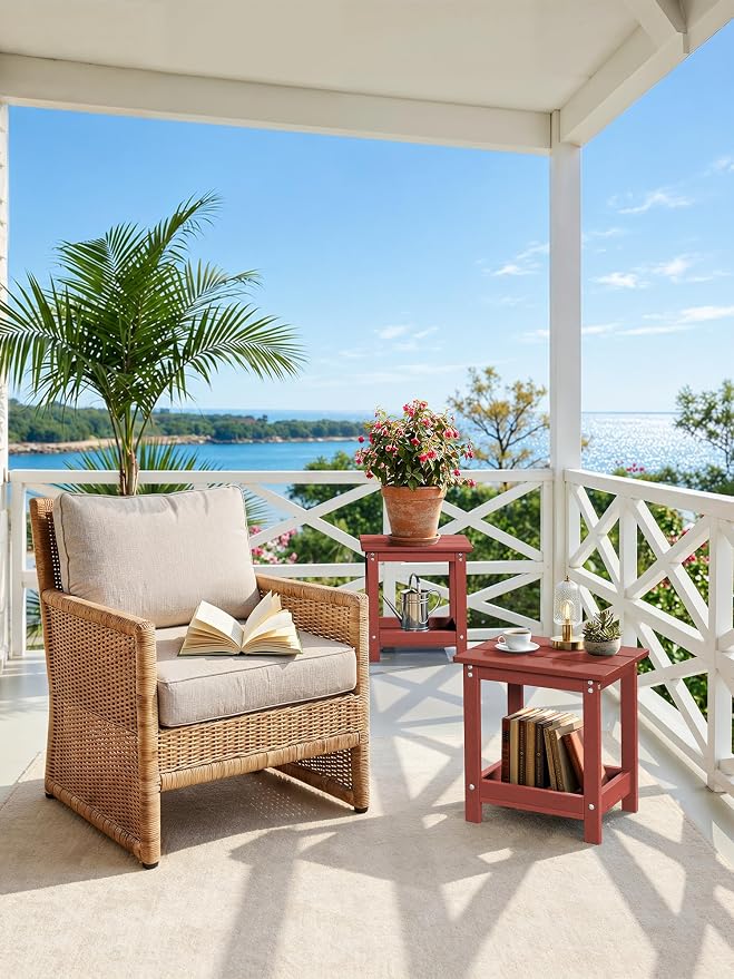 LUE BONA Outdoor Side Table, 2-Tier HDPE Small Outdoor End Table with Rail for Patio, Deck, Poolside, Low Maintenance & Weather Resistant, Red